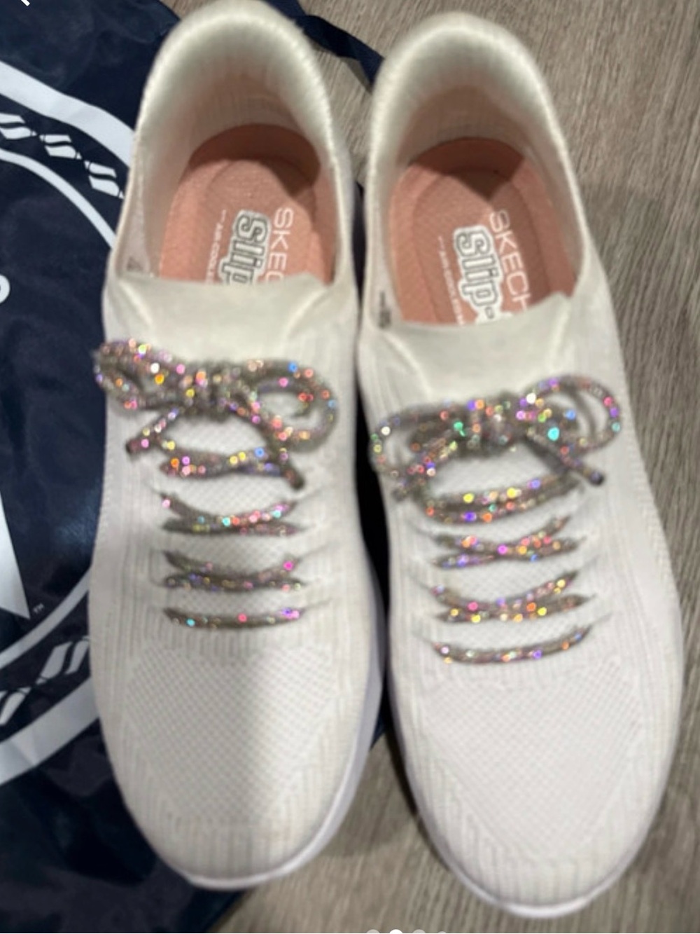 Skechers Women's Slip-On Knit Sneakers in White with Metallic Laces - Picture 2 of 5